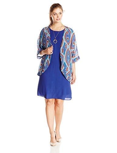 AGB Women's Plus-Size Sheath Dress with Printed Kimono Two-Piece Set