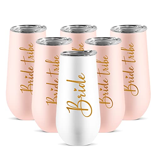 CARAKNOTS Juego de 6 vasos de copas de champán para novia, tribu de novia, regalo de tribu de novia, boda, fiesta, vino, champán, 6 onzas