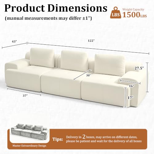 Image of 122 inch Oversized Boneless Couch, Comfort Cloud Sectional Couches for Living Room, Modular Sofa High Back & Extra Deep Seat, No Assembly, Soft Chenille Fabric (Warm White, 122 inch-（3+0）)