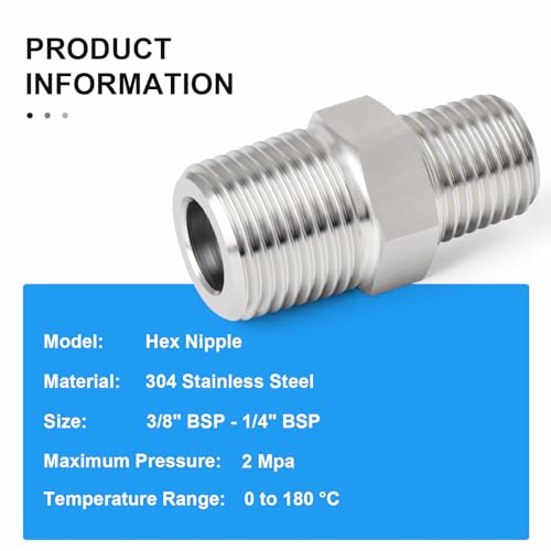 ERGAOBOY 2 Pcs 3/8" x 1/4" BSP Male Cold Heading Male Reducing Hex Fittings, Stainless Steel 304 Pipe Fittings Fittings - Image 4