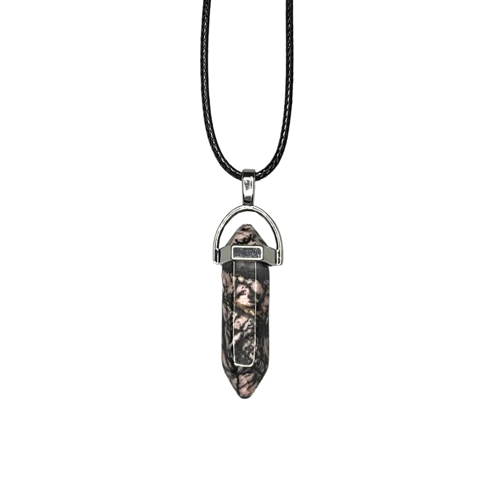 VIE Double Point Pencil Pendant, Black String, Rhodonite