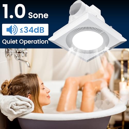 Image of Hon&Guan Bathroom Exhaust Fan with Light, Upgraded Quiet Square Bathroom Vent Fan with Adjustable LED Light 3000K /4500K /6500K, 110 CFM, 1.0 Sones, Exhaust Fan with Light for Home Bath Hotel