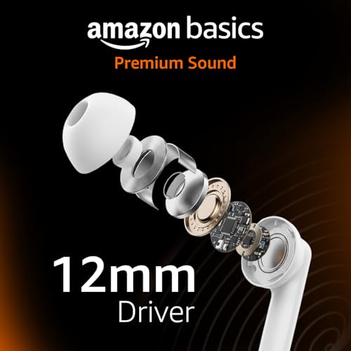 Image of Amazon Basics TWS Wireless in Ear Earbuds, Bluetooth 6.0 Earphones with Mic, 55H Playtime, Bluetrum 5656A Chipset, Compact 500 mAh Charging Case, Clear Calls, Ergonomic Design (White)