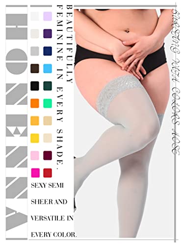 Image of HONENNA Plus Size Thigh High Stockings, Semi Sheer Stay Up Lingerie Lace Top Pantyhose for Curvy Women
