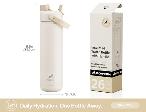 Image of POWCAN 26 oz Insulated Water Bottle with 2-in-1 Straw and Spout Lid, Keep Cold 24H, Leak-Proof, Fits in Car Cup Holder, Stainless Steel Water Bottle for Sports, Gym, Travel, and School (Mousse)