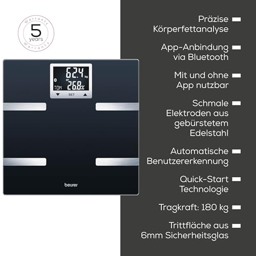 Beurer BF 720 Diagnosewaage mit Bluetooth(R)-Verbindung zur Smartphone-App, Bestimmung von Körpergewicht, Körperfett, Muskelanteil und Kalorienbedarf AMR/BMR, Schwarz, LCD