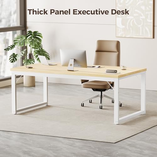 Image of Mericonia 40 Inch Computer Desk, 1 inch Thick Small Office Table, Oak | Modern Simple Style, Heavy Duty Industrial Frame, Small Study & Writing Table for Home Bedroom Work