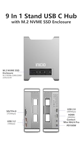 Image of INICIO Mac mini M4 9 in 1 Stand Hub with M.2 Nvme SSD Enclosure, 4K HDMI, 2 USB 3.2 10Gbps, USB 2.0, SD /TF Card Slots, Support Size 2230 /2242 /2260 /2280 for Mac mini M4 / M4 Pro (SSD NOT Included)