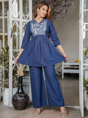 Image of Women's Rayon Kurti Set with Palazzo Pants | Embroidered V-Neck A-Line Short Kurti with 3 /4 Sleeves | Casual Ethnic Co-Ord Set for Daily Wear, Office & Festive