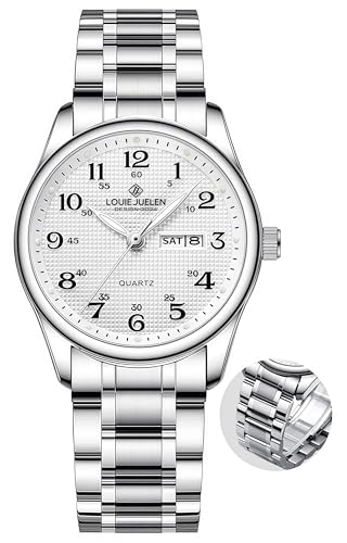 Gosasa Leicht ablesbare Quarzuhr für Senioren, große Ziffern, Kalender, 30 m wasserdicht, Edelstahl-Stretchband, Silberfarbener Stahl, Men, Modern