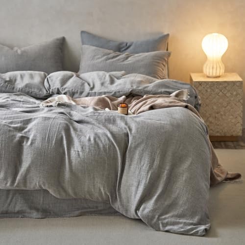 Image of EAVD Dark Grey Duvet Cover Full Soft Breathable 100% Muslin Cotton Gauze Bedding Set with 2 Pillowcases Modern Simple Solid Dark Grey Bedding Set with Zipper Closure
