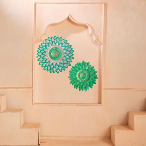 Image of SETHI AESTHETIC Metal Flower Wall Art Decor, Handmade 3D Layered Petal Design, Set of 2 (13x13 inch and 11x11 inch) (Olive Green)