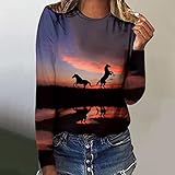 Keepink Womens Tops Horse Printed Long Sleeve Jumpers Western Vintage 3D Graphic T Shirts Crewneck Funny Gift Shirts Equestrian Cowgirl Blouse Loose Fit Workout Tshirts for Ladies - Image 2