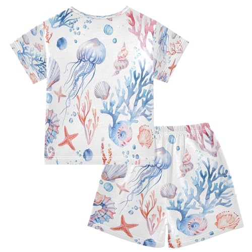 senya Short Sleeve Pajamas Sets Summer Cotton Sleepwear Jellyfish Seahorse Shells2