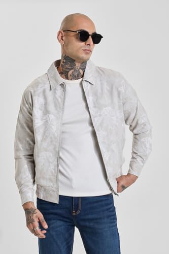 Image of SNITCH Men Casual Jacket | Regular Fit Classic Collar Full Sleeve Leaf Pattern | Cotton Blend Zippered Closure Machine Washable