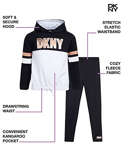 Dkny Girls' Leggings Set - 2 Piece Fleece Pullover Sweatshirt And Stretch Leggings, Size 7, Black/White #TOP1