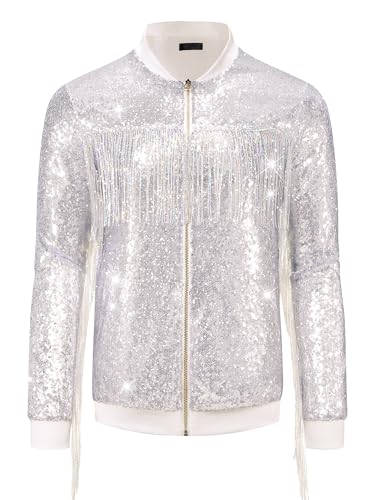 Image of Lars Amadeus Shiny Tassel Jacket for Men's Zipper 70s Disco Sparkly Sequins Baseball Bomber Jackets