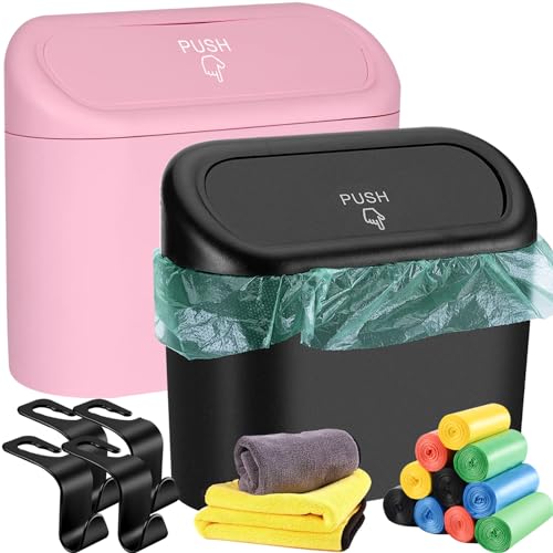 Car Trash Can Bin with Lid & 210PCS Trash Bags, 2Pack Hanging Mini Vehicle Garbage Can Leakproof, Car Dustbin Garbage Organizer Container for Car Home Office
