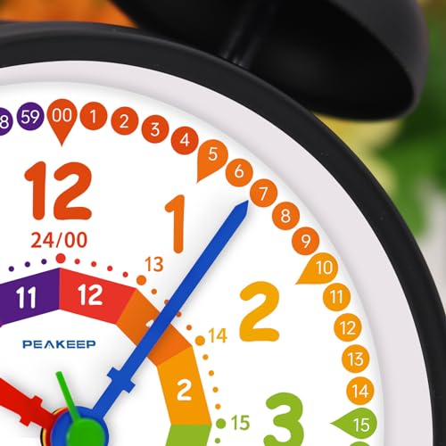 Peakeep Loud Alarm Clock for Kids Learning Telling Time Teaching Clock, 4.5" Rainbow-Colored Twin Bell Analog Alarm Clock Battery Operated for Heavy Sleepers Adults Teenagers Kids - Thumbnail 3