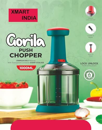 Image of Xmart India Chopper for Kitchen Use, 1000ml Push Chopper with 5 Blades, Vegetable Cutter Kitchen Accessories Items for Home Cutting Vegetables, Onion, Ginger, Garlic, Salad, Tomato, Potato