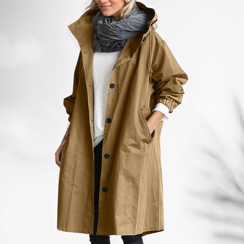 Women's Lightweight Button Down Hooded Trech Coat Fall Oversized Casual Windbreaker Long Jackets with Pockets3