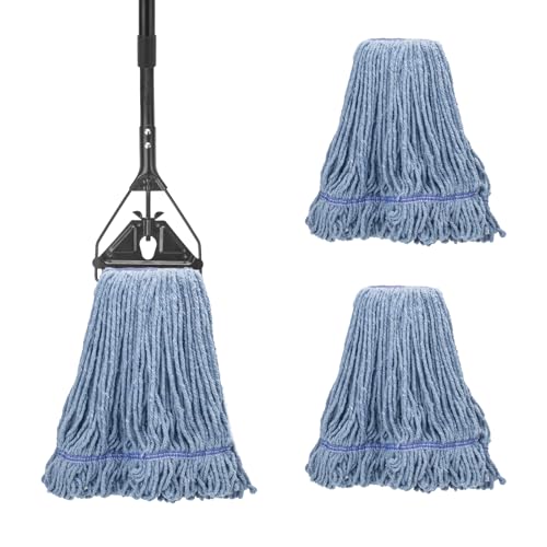 Commercial Industrial Mop for Floor Cleaning, 3 Extra Large Reusable Replacement Head with 59' Long Handle,Heavy Duty Looped-End String Wet Cotton Mop for House,Kitchen,Office,Garage,Tile Floor