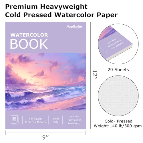 Image of Watercolor Paper Pad 9x12, 140lb /300gsm Cold Press Drawing Paper, 20 Sheets Acid-Free Artist Sketchbook for Wet Media, Gouache & Acrylic, Double Sided Painting Paper (Purple Cover)