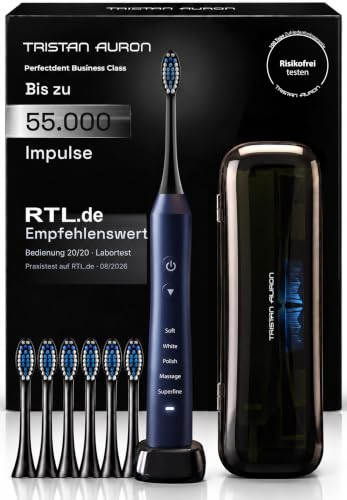 Tristan Auron Schallzahnbürste - Beste Reisezahnbürste 2025-100 Tage risikofrei testen - 55000 Elektrische Schwingungen 5 Programme 60 Tage Batterie mit UV Reiseetui 6 Aufsätze Business Class Blau