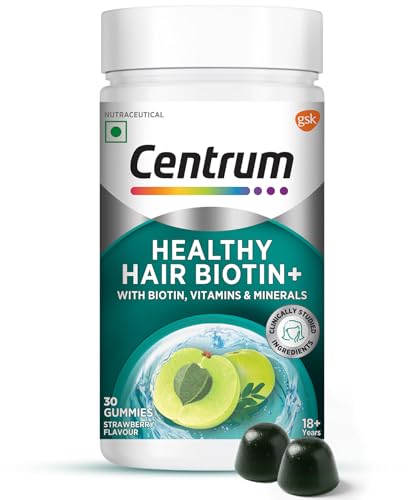Centrum Healthy Hair Biotin+ Gummies | With Biotin, Zinc, Folic Acid, Vitamin B12, C, D for Hair Growth, Volume, Shine | Strawberry Flavour | Veg - 30 Gummies