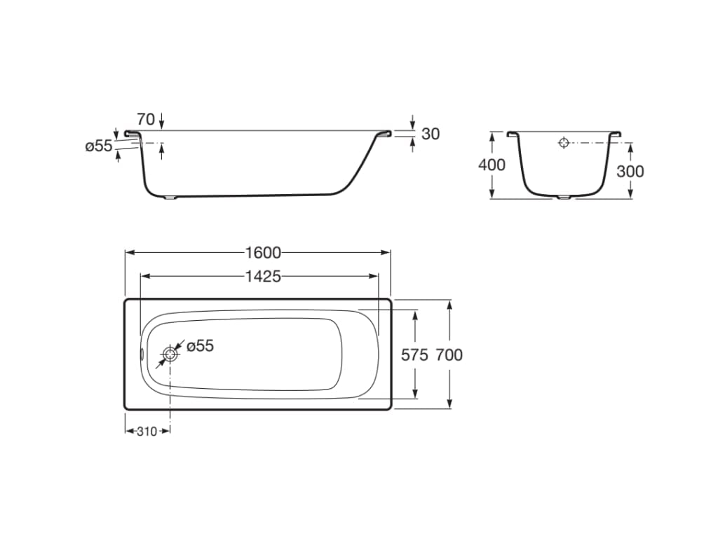 Roca,Contesa,Bañera de acero rectangular,Blanco,1600mm x 700mm x 400mm,A235960000