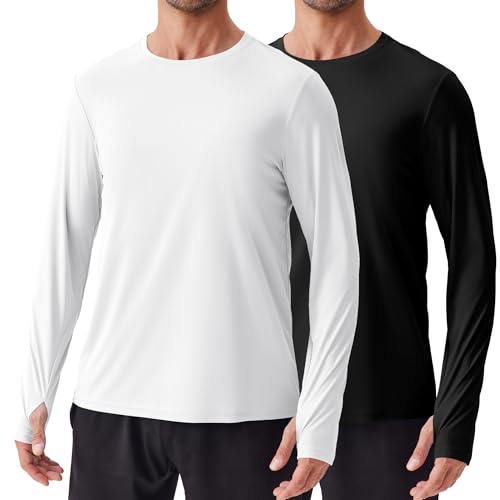 PINSPARK 2 Pack Men's Rash Guard Shirts with Thumb Holes Lightweight UPF 50+ Long Sleeve Sun Shirt Quick Dry Swimming Shirts