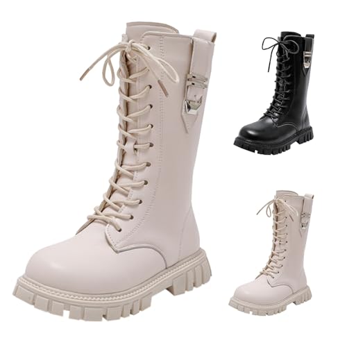 Girls Lace Up Combat Boots Mid Calf Ridding Boots Fashion Waterproof PU Leather Side Zipper Punk Goth Boot 4-12 Years3