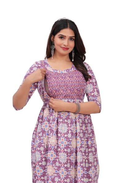 Image of JAIPURFAME Maternity Feeding Kurti with Zipper | Cotton Floral Printed Pregnancy & Nursing Dress | Comfortable & Stylish Maternity Wear for Women | Breastfeeding Kurta with Zipper | Soft & Elegant