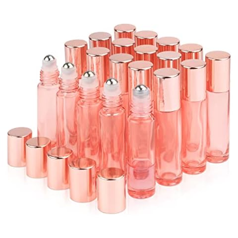 DMuuuDM 20Pcs 10ml/0.33 oz Pink Essential Oil Roller Bottle,Empty Glass Roll-On Vials with Stainless Steel Roller Ball,Rose Gold Lid,Glass Roller Bottle for Oil Blends,Perfume-Opener&Dropper Included Cover