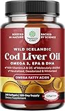 Icelandic Wild Caught Cod Liver Oil Softgels - Fish Omega 3, EPA, DHA, Vitamin D & A, 1000mg Per Serving - Burpless Capsules for Healthy Heart, Healthy Joints, Brain & Immune Support - 240 Count