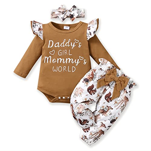 Image of PATPAT Baby Girl Clothes Infant Long Sleeve Romper Ruffle Sleeve Bodysuit Leopard Pants with Headband Fall Winter Outfit Brown 0-3 Months