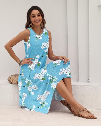 Image of AUSELILY Women's Summer Dresses Casual Sleeveless Midi Tank Beach Dress | Women's Asymmetrical Hem Sundress with Side Pockets, Great for Beach, Vacation & Daily Wear