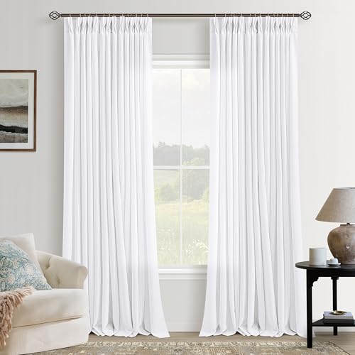 Image of Snow White Pinch Pleated Semi Sheer Linen Curtains 96 Inch Long for Bedroom | Non See Through Privacy, Hook Rings Memory Shape, Soft Faux Linen Textured, Living Room Apartment, Boho Modern, Pure White