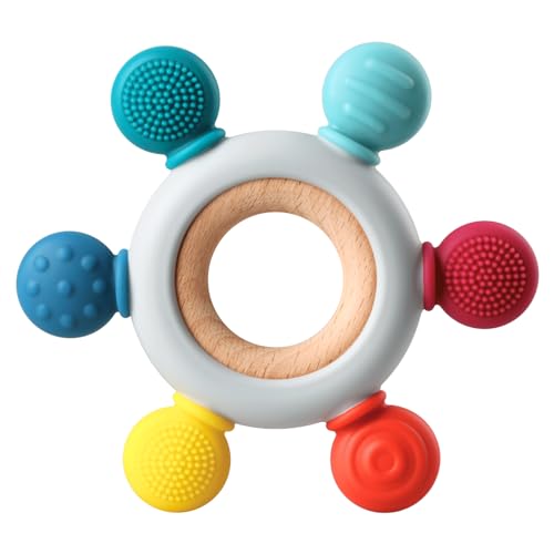 Image of Baby Teething Toys, Silicone Chewable Teethers with Wooden Ring for Soothing Babies Gums, Rudder Chewers Shower Gift for lnfants & Toddlers, 3+ Months (6 Directions, Ocean)