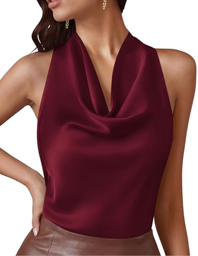 PRETTYGARDEN Silk Satin Halter Tops for Women Summer 2026 Cowl Neck Tie Back Going Out Sleeveless Business Casual Tank Top(Wine Red,Small)