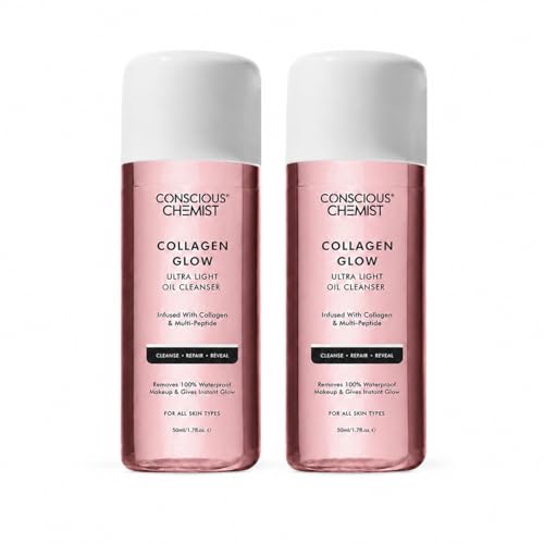 Image of Conscious Chemist Collagen Glow Ultra Light Oil Cleanser | 50ml Makeup Remover & Nourishing Oil Cleanser with Hydrolyzed Collagen & Peptides | Improves Elasticity, Smooths Texture & Supports Skin Barrier | For Men & Women, All Skin Types | Pack of 2