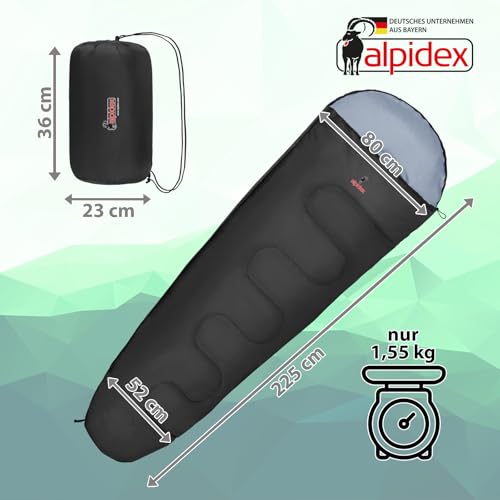 ALPIDEX Schlafsack Mumienschlafsack 4 Jahreszeiten 225 x 80 cm Duo Therm -17° C 400 GSM Kleines Packmaß Ultraleicht Reise Camping Trekking Outdoor Sleeping Bag Warm – Bild 3