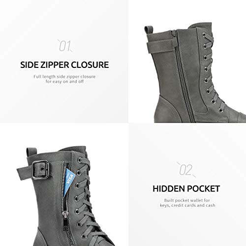 DREAM PAIRS Women's Mid Calf Built-in Wallet Pocket Lace up Military Combat Boots,Size 7,All Grey,MISSION