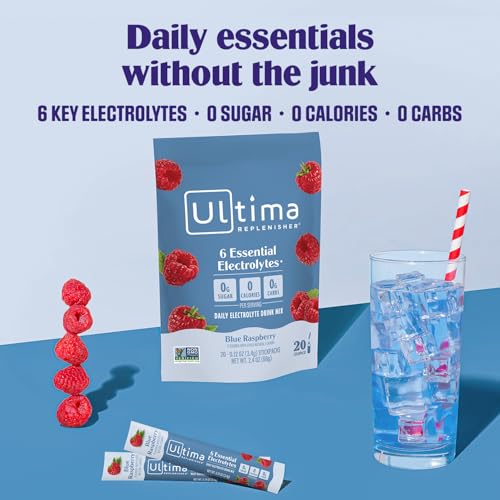 Image of Ultima Replenisher Daily Electrolyte Powder - Blue Raspberry, 20 Stickpacks - Zero Sugar Hydration Packets with 6 Electrolytes and Minerals - Sugar Free, Plant Based & Keto Friendly Drink Mix | Daily Electrolyte, Hydration Packets, 6 Electrolytes, Trace Minerals, Keto Friendly, Vegan