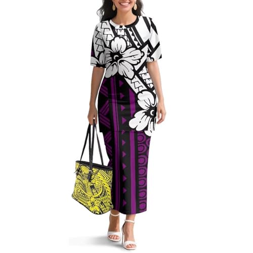 Image of Puletasi Polynesian Tribal Clothing Two Piece Skirt Set for Women Outfits Short Sleeve Top High Waist Midi Skirt