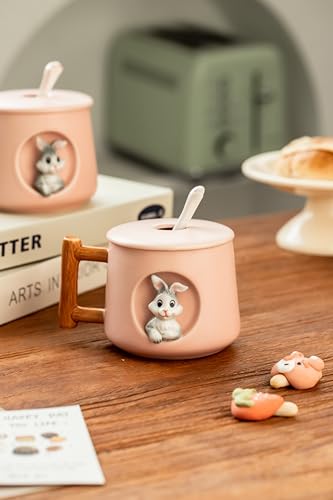 Image of DIHOclub Adorable 3D Ceramic Rabbit Mug with Lid and Spoon Perfect for Coffee, Tea, Milk, and More - Ideal Gift for Bunny Lovers - 14 Ounces (Pink)