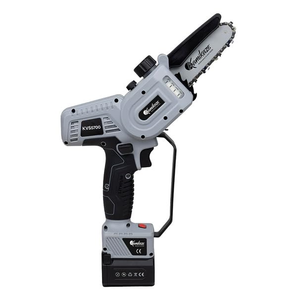 KAMIKAZE Motosierra Eléctrica a Batería KVS5700 21,6V, Espada 5” con Lubricación Automática, Corte Ø80 mm, 2 Baterías 2,5Ah y Cargador, Mini Motosierra Profesional para Poda, Jardín y Agricultura