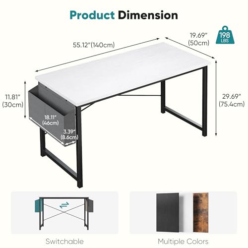 Image of OLIXIS Computer Desk, 55 Inch Gaming Desks for Home Office Small Spaces | Writing Study Craft Work Table, Computer Workstation for Bedroom with Storage Bag, White