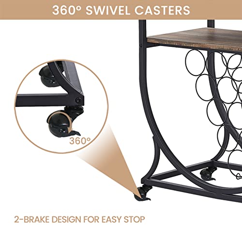 O&K Furniture Industrial Bar Cart On Wheels For Home, Wine Rack Cart With Glass Holder, Vintage Brown #TOP4