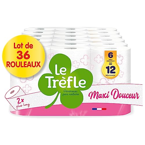 Le Trèfle Maxi Douceur - Papier toilette, 36 Maxi Rouleaux = 72 Rouleaux Classiques, Gaufrage en Forme de Trèfle, Double épaisseur, Blanc